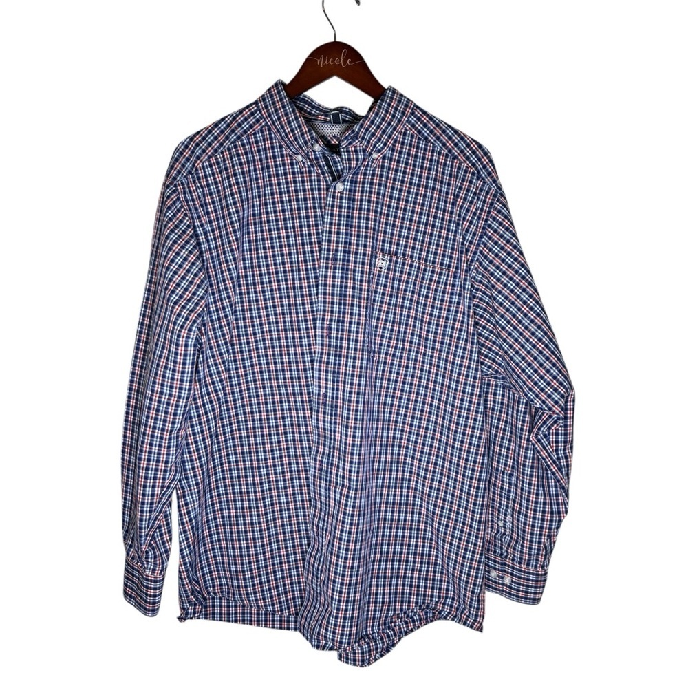 Ariat Pro Men’s Plaid Red Blue Striped Collared Embroidered Shirt- Size XL
